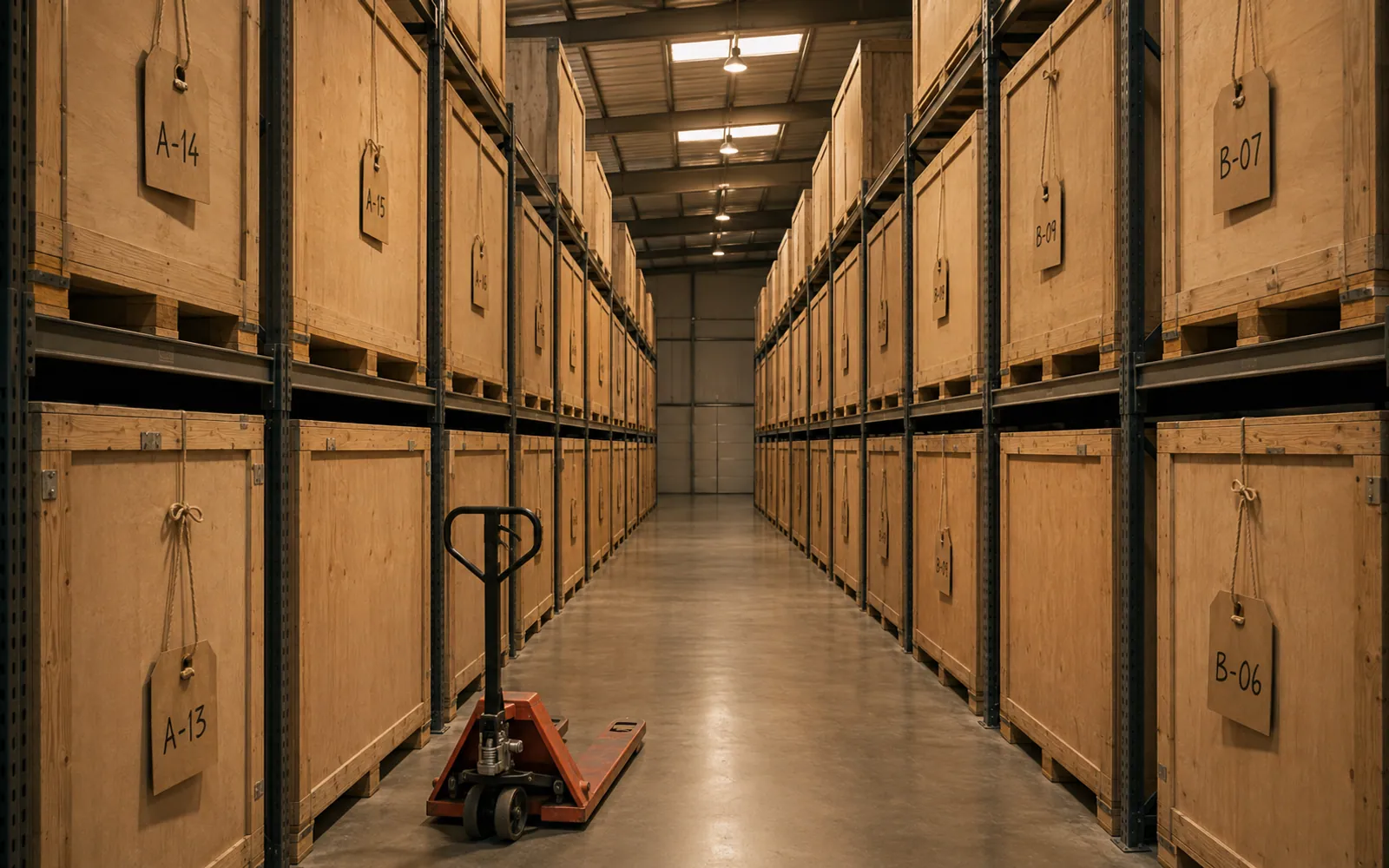 Contenedores de madera con muebles embalados en una nave de guardamuebles