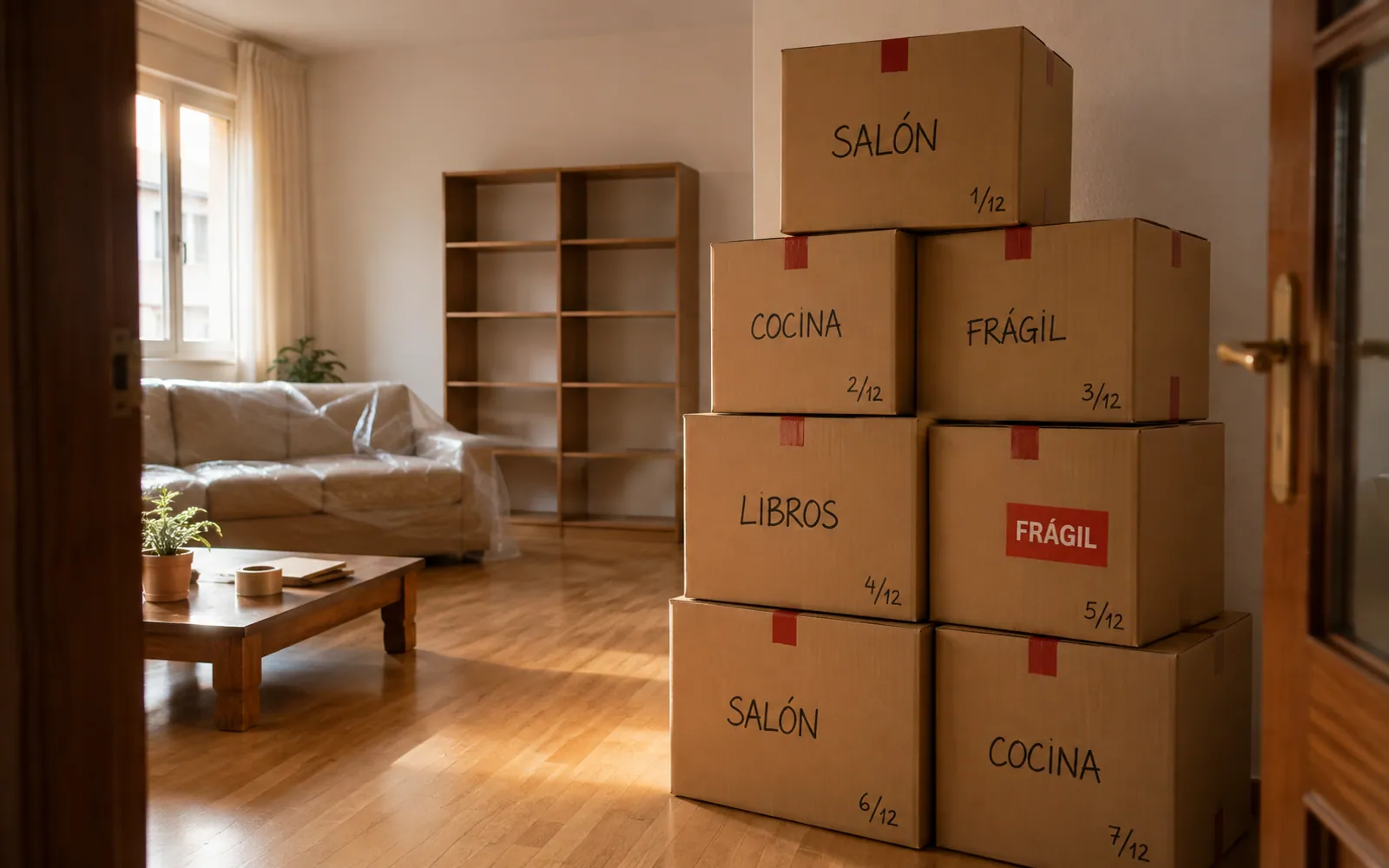 Cajas de mudanza precintadas y etiquetadas en el salón de una vivienda