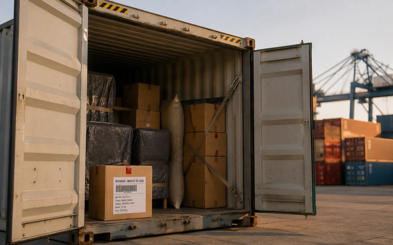 Cajas de mudanza dentro de un contenedor marítimo abierto en Getafe