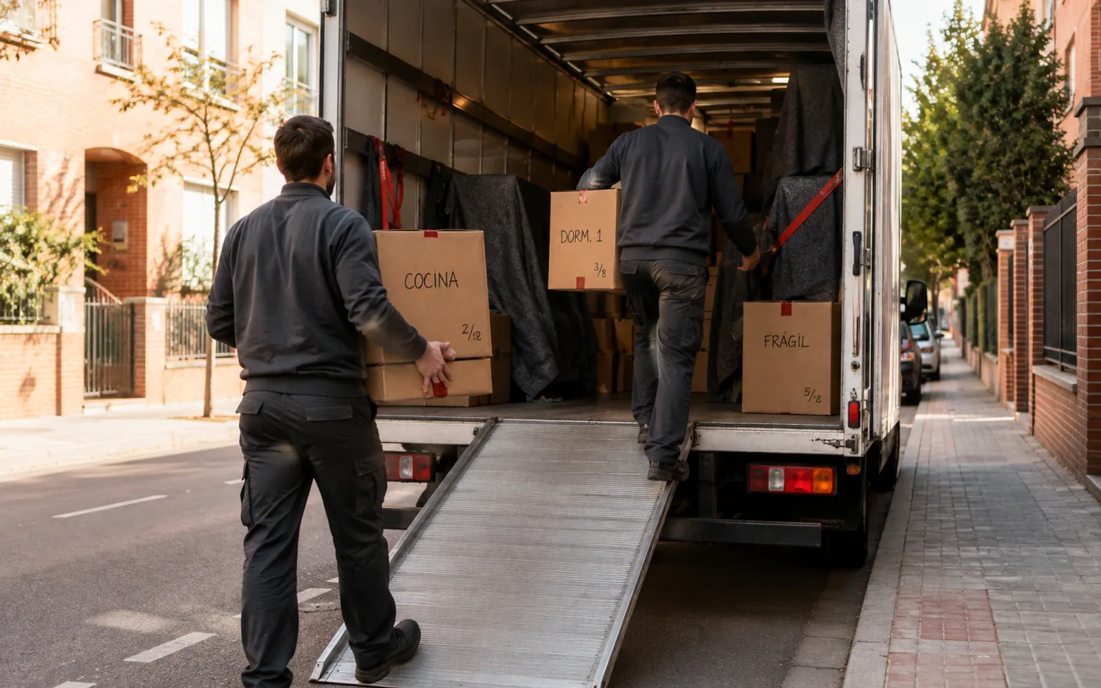 Operarios de mudanzas cargando cajas precintadas en un camión en Bilbao