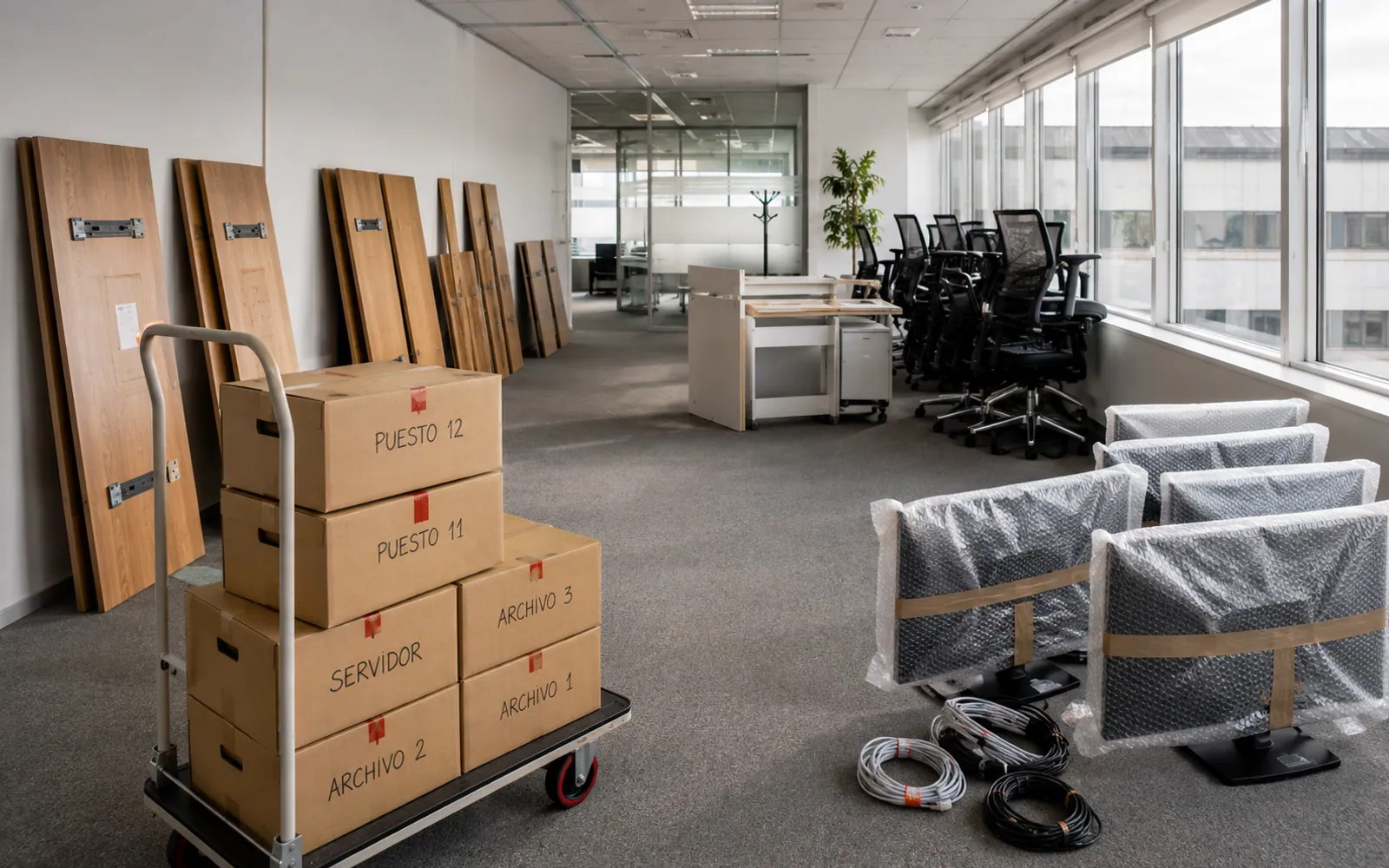 Cajas numeradas y mobiliario de oficina preparados para un traslado