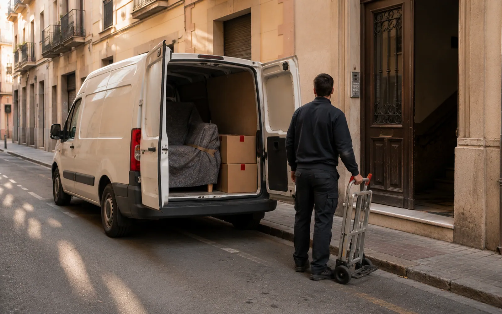 Furgoneta de portes con la puerta trasera abierta y un mueble dentro