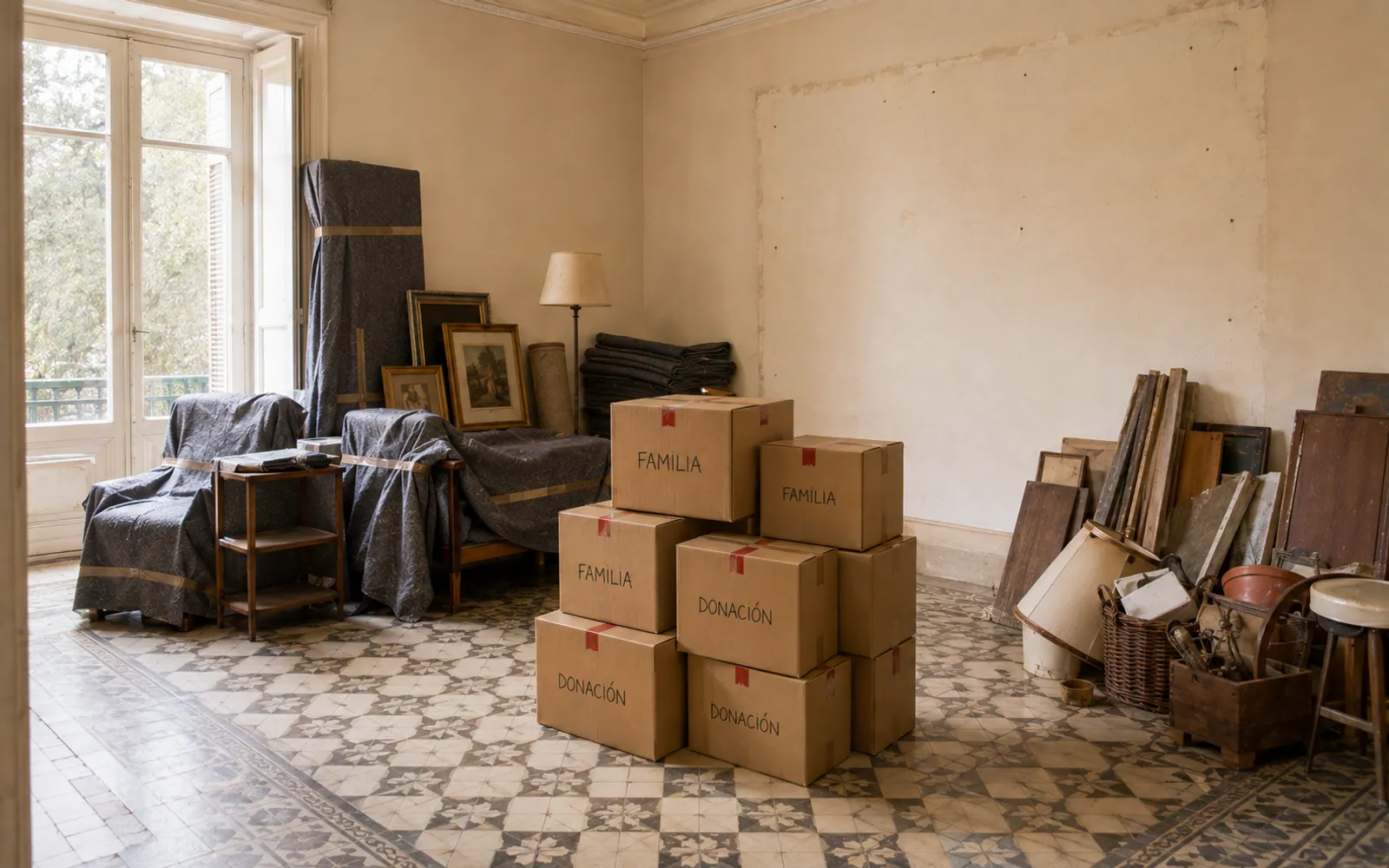 Vivienda vacía con enseres clasificados en montones antes de retirarlos