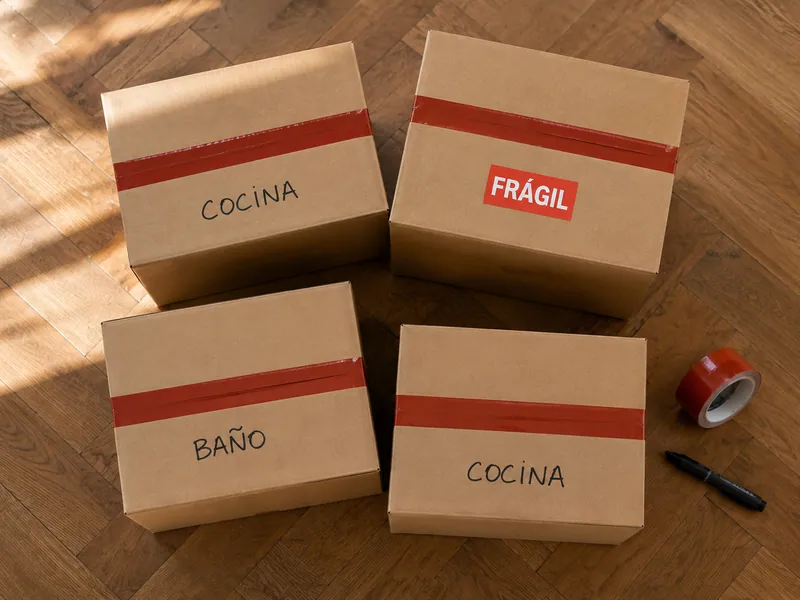 Cajas de mudanza apiladas y precintadas en un salón vacío