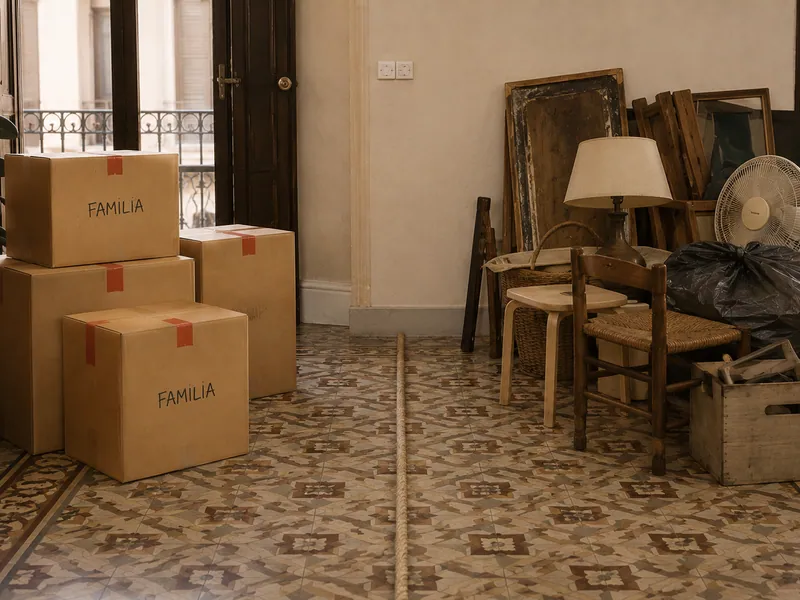Salón de una vivienda a medio vaciar, con cajas y muebles marcados